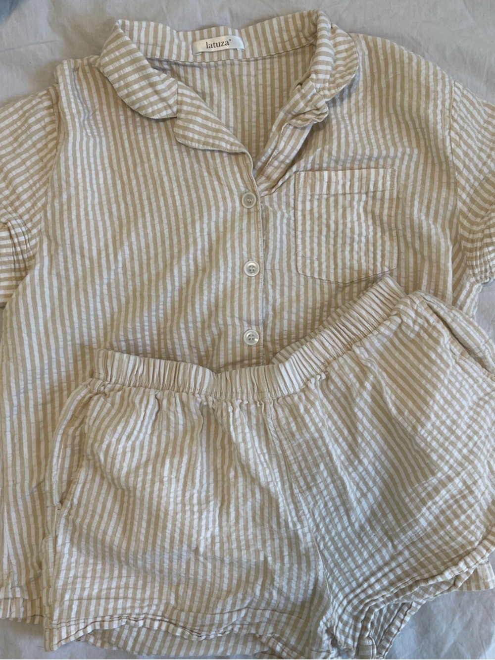 Beige and White Striped Short Pajama Set